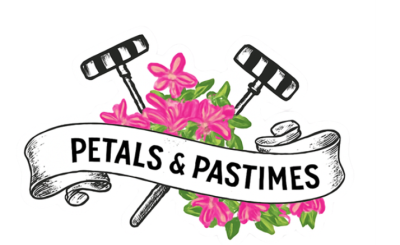 Title Petals and Pastimes with graphic of pink flowers and croquet mallets behind the text