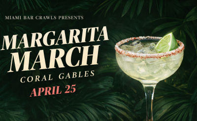 Margarita with salt and lime in the center and around informational text "Miami Margarita March Coral Gables April 25"