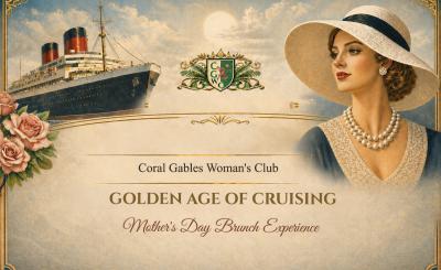 Golden Age Vintage style look of cruise, emblem, and woman with big hat and pearls with name of event, golden age of cruising