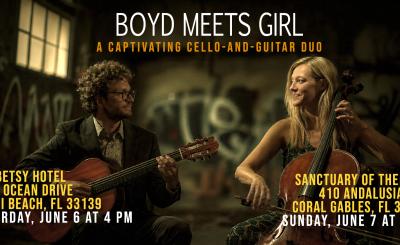 Promotional graphic for Boyd Meets Girl featuring guitarist Rupert Boyd and cellist Laura Metcalf performing together, with event details
