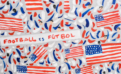 Colorful artwork featuring American flags, red, white and blue brushstrokes, small faces and the phrase “Football es fútbol.”