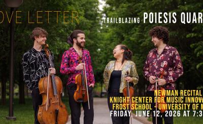 Promotional graphic for “Love Letter” featuring the Poiesis Quartet standing outdoors with string instruments, alongside event details