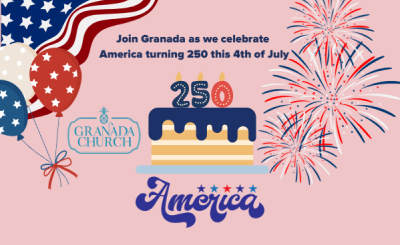 Description of event with graphics of American flag and fireworks and a cake