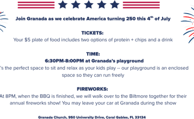 Description of event with graphics of American flag and fireworks and a cake