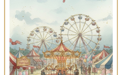 Fine Arts of Miami poster for “Carousel of Hearts,” featuring a vintage carnival scene with a carousel and Ferris wheels.