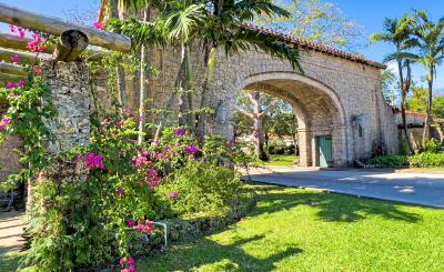 Pink flowers and palm trees cover the rock entrance on clear sunny day