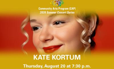 Promotional image for Kate Kortum’s Community Arts Program concert, featuring a close-up portrait of the jazz vocalist against a yellow and red background