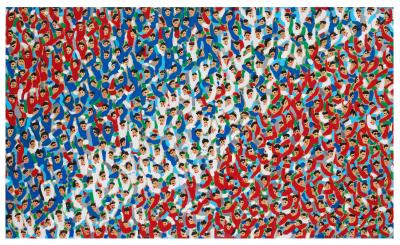 painting of people in red white and blue in a crowd