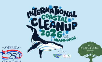Light blue International Coastal Cleanup flyer with humpback whale and Coral Gables logos