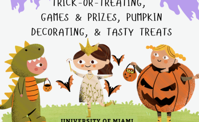 Kid-oriented drawings of kids in gator, princess, and pumpkin costume with event information