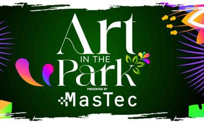 Art in the park graphic with purple, red, yellow colors on dark background