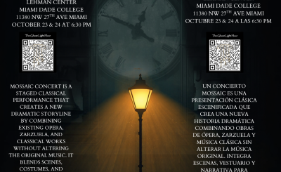 Street lamp shines in darkness with a clock in the background and text 