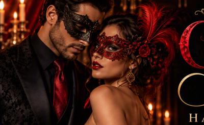 Man and woman in black and red masquerade with title Crimson Mask