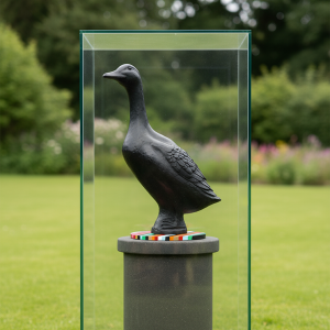 Black duck sculpture on a round pedestal encased in glass, displayed outdoors on a grassy lawn.