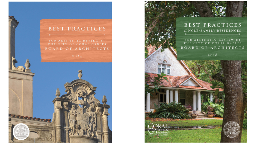 Best Practices covers, top of city hall on the left and a green cover showing the Merrick House with a tree in the forefront