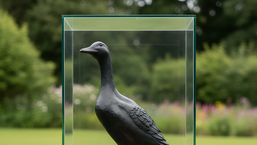 Black duck sculpture on a round pedestal encased in glass, displayed outdoors on a grassy lawn.