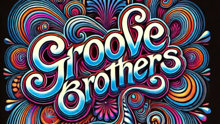 GrooColorful, retro-style graphic reading “Groove Brothers,” with swirling blue, pink, and orange abstract shapes on a black background evoking a retro, psychedelic music theme.