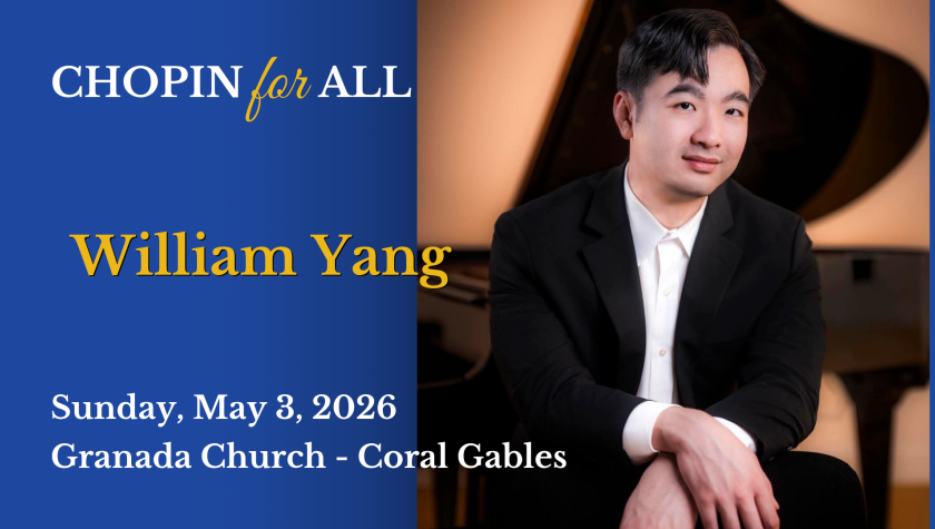 Chopin for All Banner with William Yang in white and blazer with piano in background