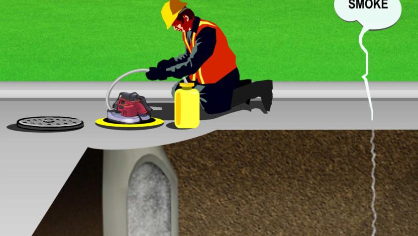 Graphic of man smoke testing the sewer and smoke coming out of a crack in the pipe